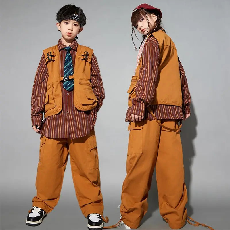 Child costume For Kids Stripe Shirt Brown Vest Hiphop Pants Suit Girls Jazz Dancing Outfits Boys Streetwear