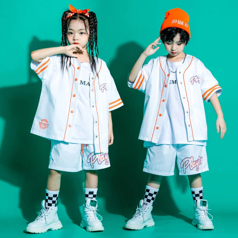 Kid Kpop Hip Hop Clothing Baseball Cardigan Shirt Top White Streetwear Cargo Jogger Pants Shorts for Girl Boy Jazz Dance Costume