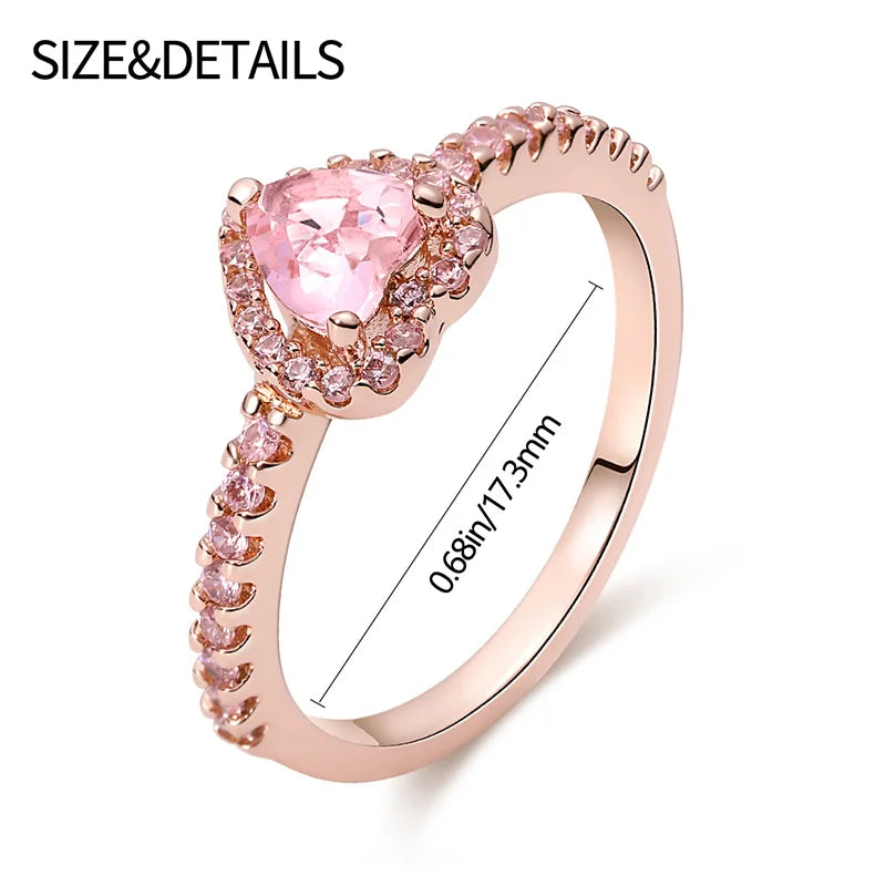 Fashion 925 Sterling Silver Pink Heart Rose Flower Ring Ladies Fine Wedding Valentine's Day Gift Jewelry