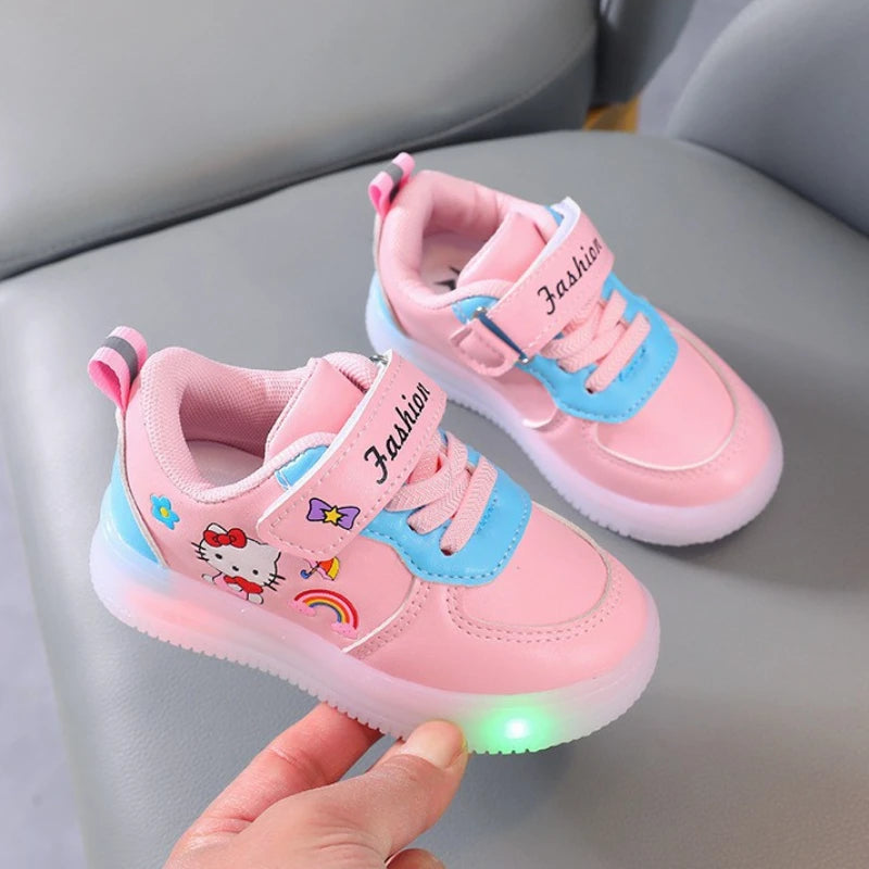 Girls LED Light Up Shoes – Hook & Loop Casual Sneakers with Print Design, Comfortable PU Insole & Rubber Sole (Ages 4–6 Years)