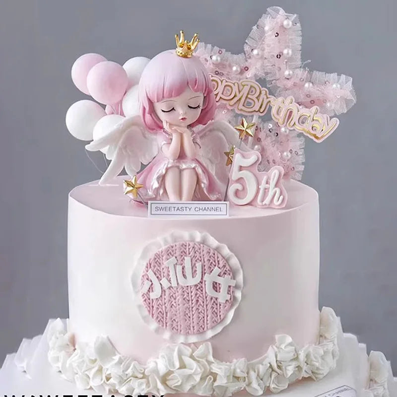 Princess Cake Toppers Ballet Dance Girl Happy Birthday Party Decoration Angel Wing for One Year Old Baby Shower Party Cake Decor
