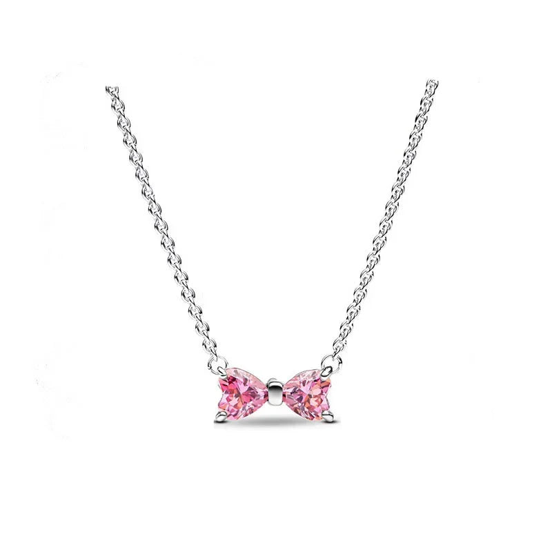 Pink Bow Set Original 925 Sterling Silver Colorful Zircon Ring Earrings Bracelet Necklace Original DIY Women's Jewelry Gift