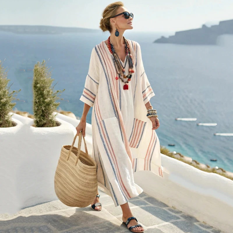 Summer Women’s Casual V-Neck Dress – Short Sleeve Geometric Print Loose Pullover with Pockets