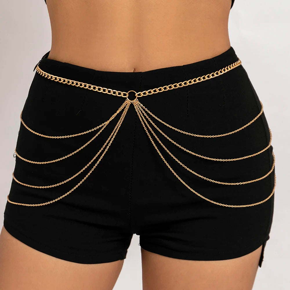 IngeSight.Z Punk Multi-layer Tassel Hip High Waist Chain For Women Gold Color Metal Chain Waistband Party Dress Belts Accessorie