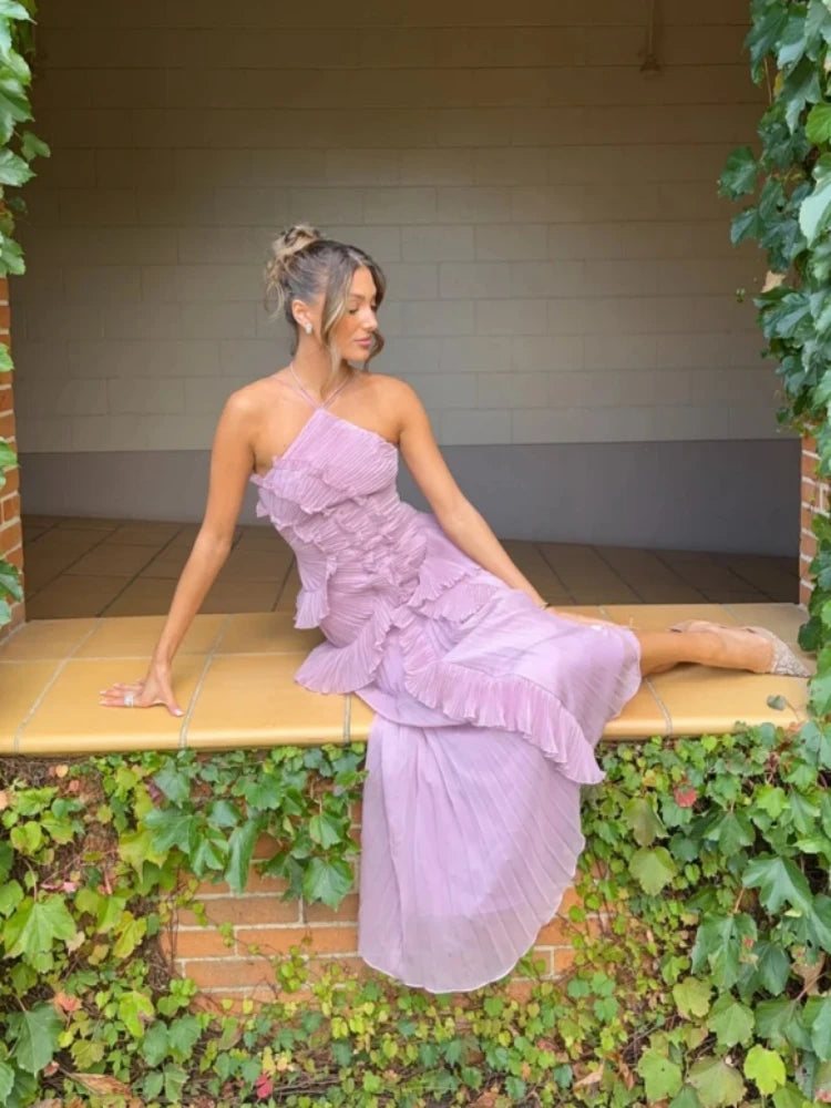 Halter Neck Pleated Ruffled Long Dress Women Pink Sleeveless Backless Lace-up Folds Slim Dresses Evening Party Gowns