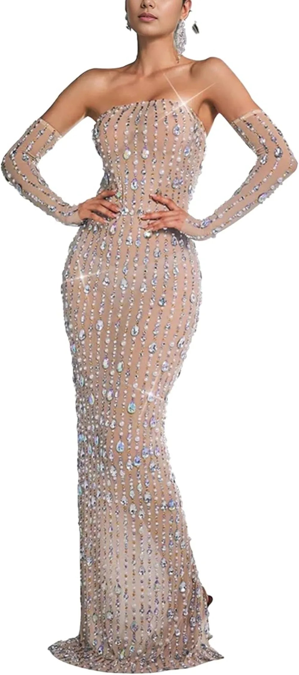 Women’s Rhinestone Mesh Bodycon Dress – Sexy Long Sleeve See-Through Sequin Party Club Night Outfit