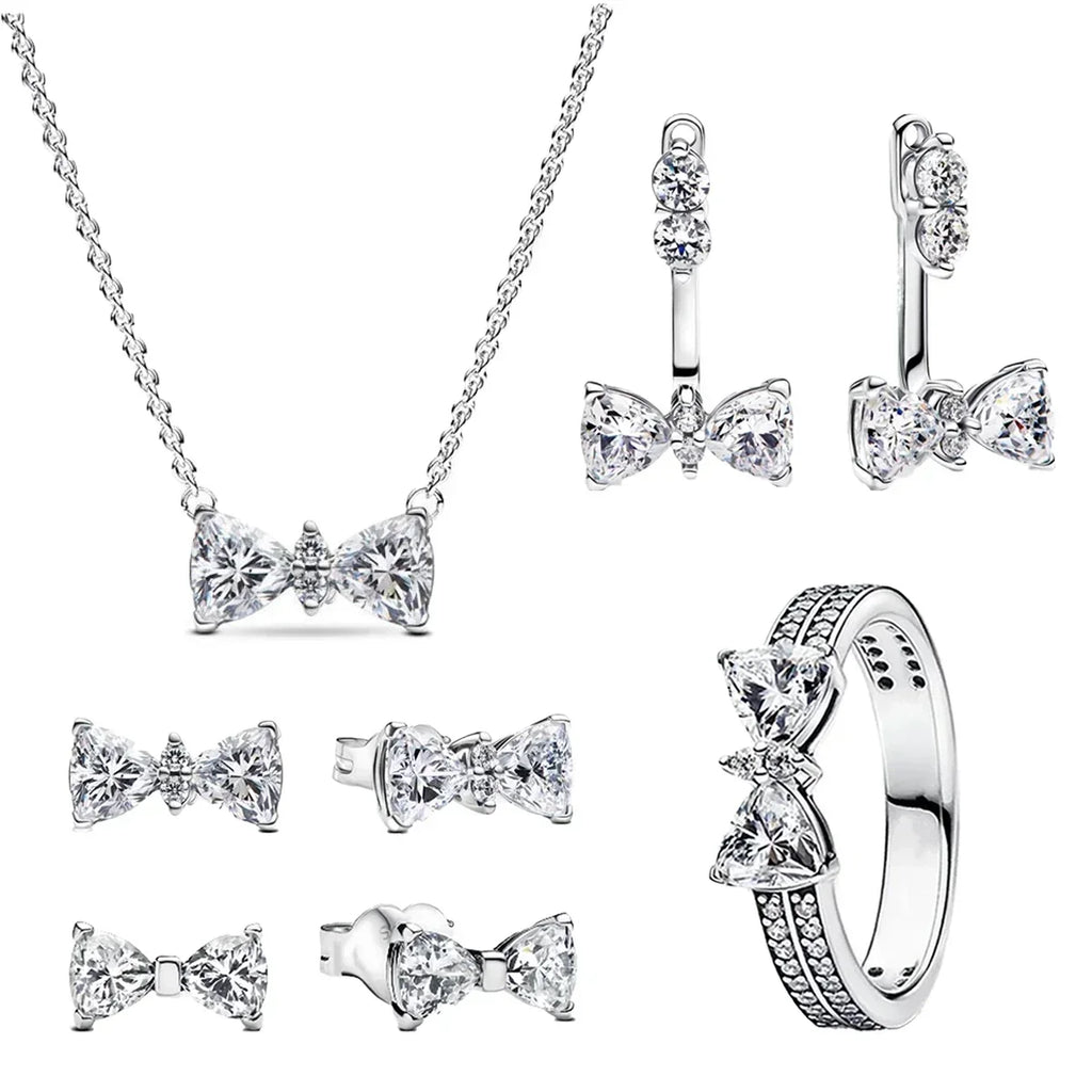 Pink Bow Set Original 925 Sterling Silver Colorful Zircon Ring Earrings Bracelet Necklace Original DIY Women's Jewelry Gift