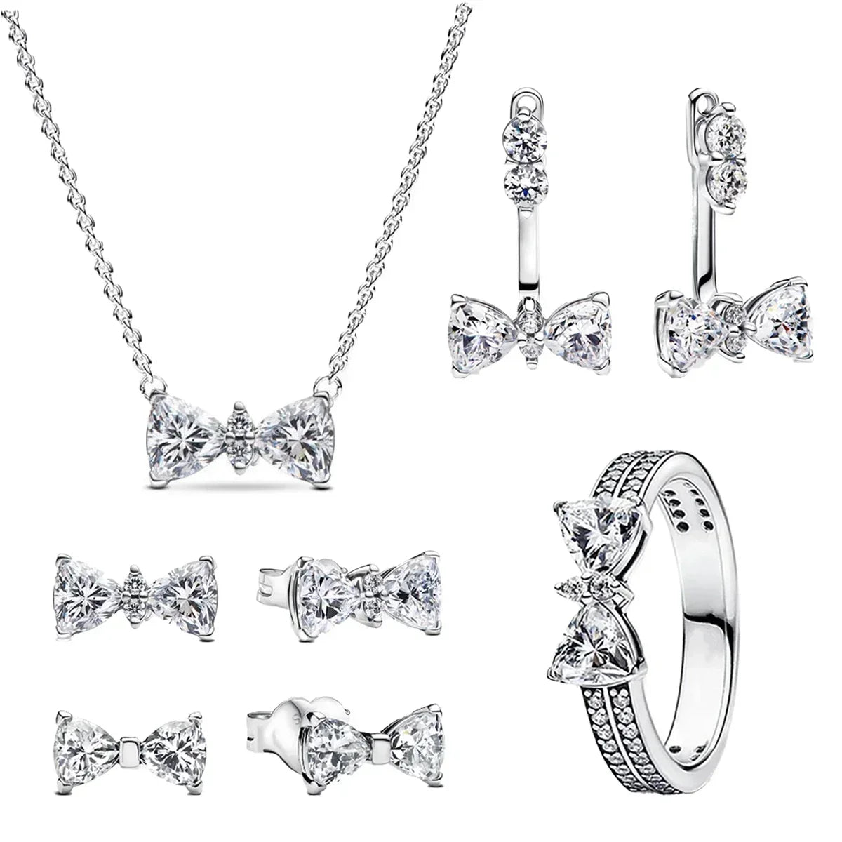 Pink Bow Set Original 925 Sterling Silver Colorful Zircon Ring Earrings Bracelet Necklace Original DIY Women's Jewelry Gift