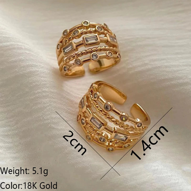 Stainless Steel 18 K Gold Plated Sun Rings for Women Natural Stone Inlaid in Hollow Metal Texture Ring Trendy Jewelry
