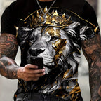 Men’s Lion Crown Graphic Tee – Breathable Polyester Blend, Casual & Elegant Plus Size Crew Neck T-Shirt