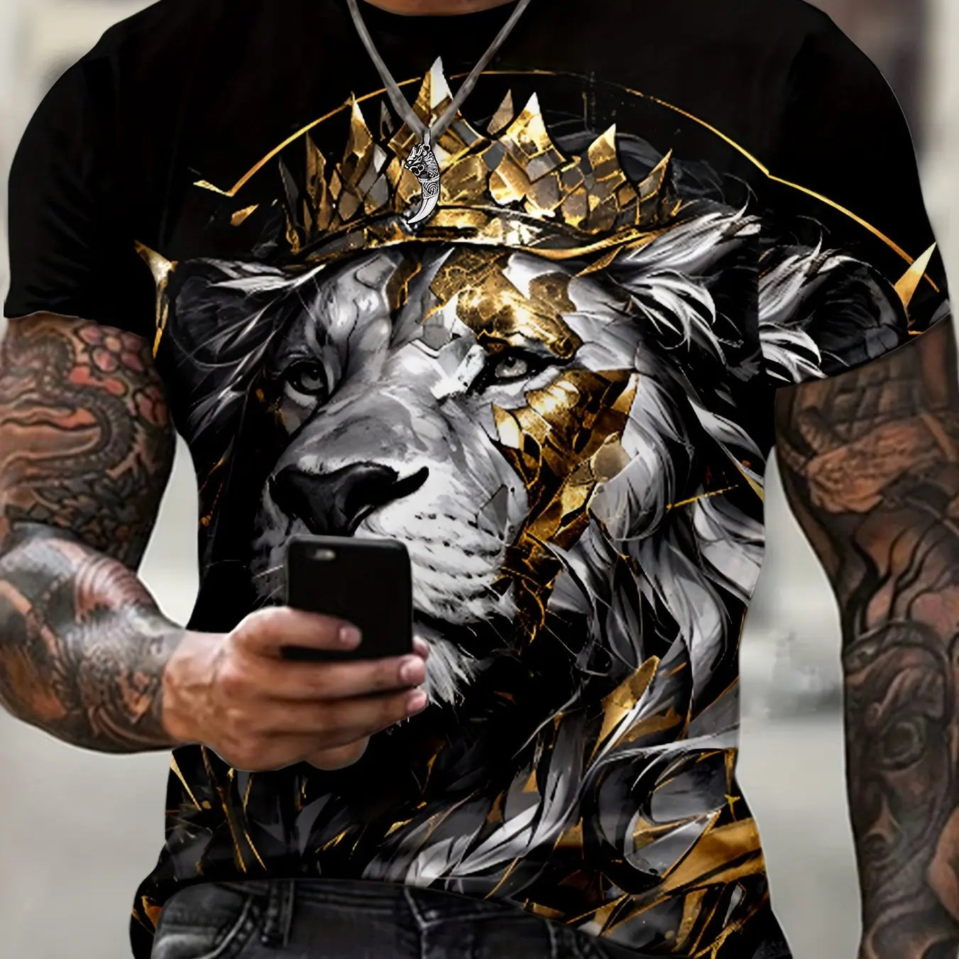 Men’s Lion Crown Graphic Tee – Breathable Polyester Blend, Casual & Elegant Plus Size Crew Neck T-Shirt