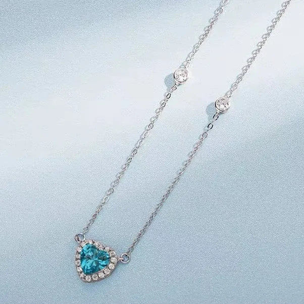 925 Sterling Silver Chain Unique and Stunning Women's Blue Love Heart Zircon Pendant Neck with Trendy Design Jewelry