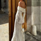Suninheart White Off The Shoulder Autumn Bodycon Dress 2025 Long Sleeve Elegant Lace Maxi Dress Wedding Guest Dress for Women