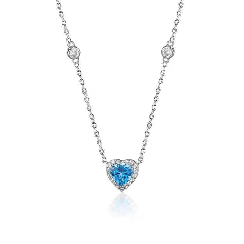 925 Sterling Silver Chain Unique and Stunning Women's Blue Love Heart Zircon Pendant Neck with Trendy Design Jewelry