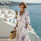 Summer Women’s Casual V-Neck Dress – Short Sleeve Geometric Print Loose Pullover with Pockets