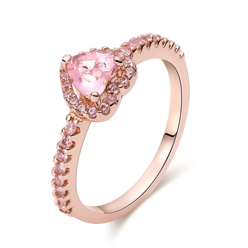 Fashion 925 Sterling Silver Pink Heart Rose Flower Ring Ladies Fine Wedding Valentine's Day Gift Jewelry