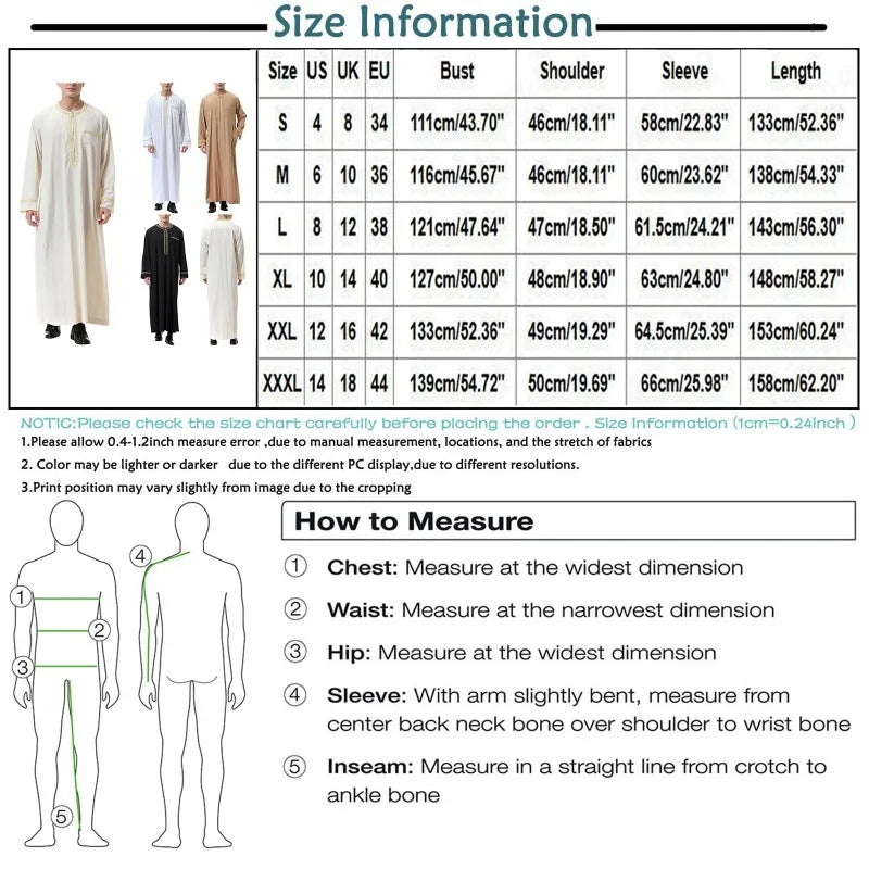 Men’s Islamic Robe – Casual Long Sleeve Tunic, Solid Color, Round Neck