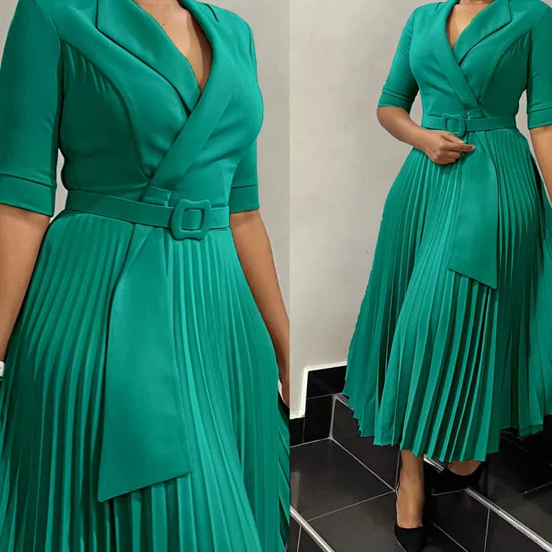 Elegant Pleated Office Dress – Belted Mid-Calf Business Wear for Women