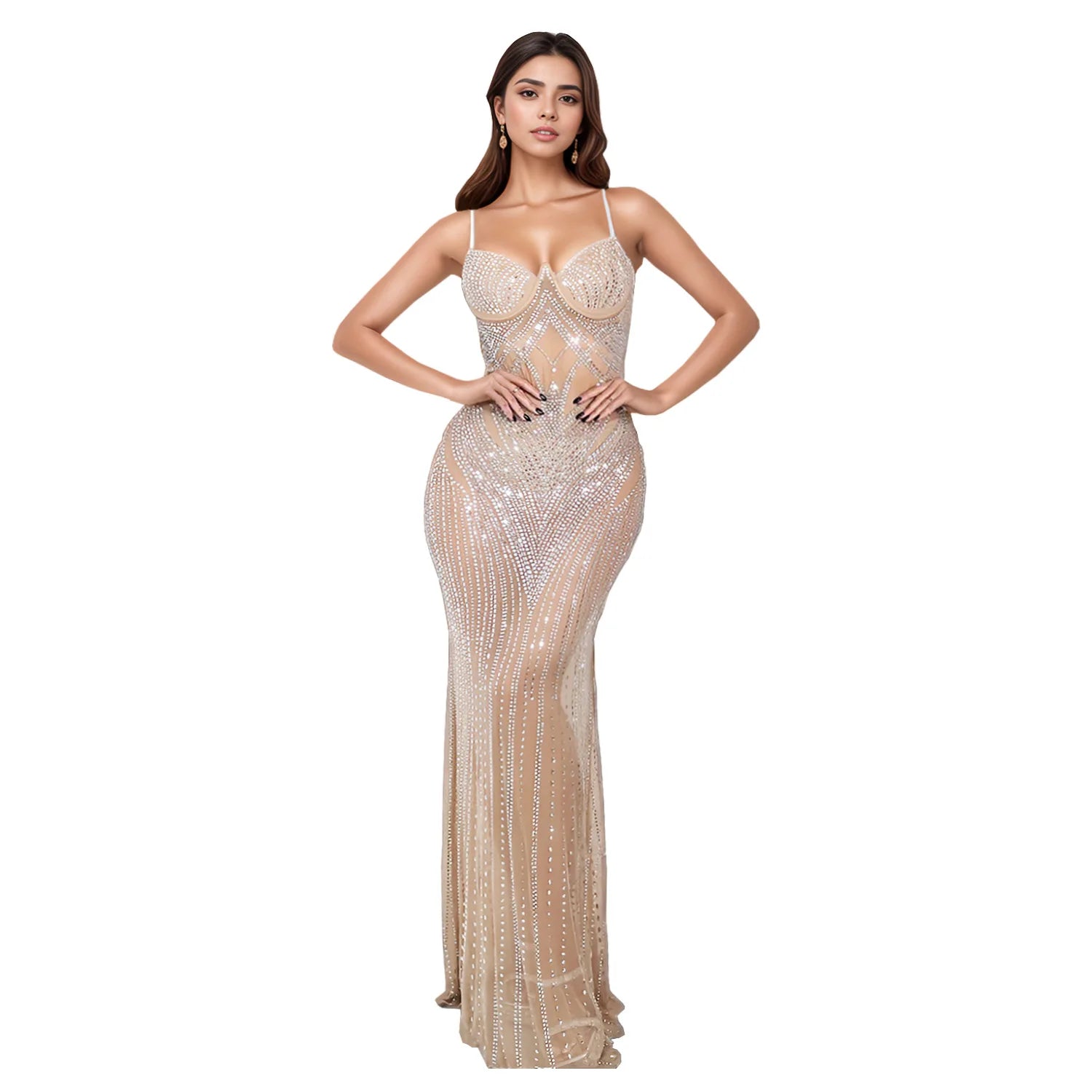 Women’s Rhinestone Mesh Bodycon Dress – Sexy Long Sleeve See-Through Sequin Party Club Night Outfit