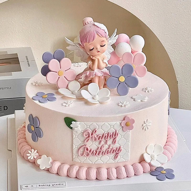 Princess Cake Toppers Ballet Dance Girl Happy Birthday Party Decoration Angel Wing for One Year Old Baby Shower Party Cake Decor