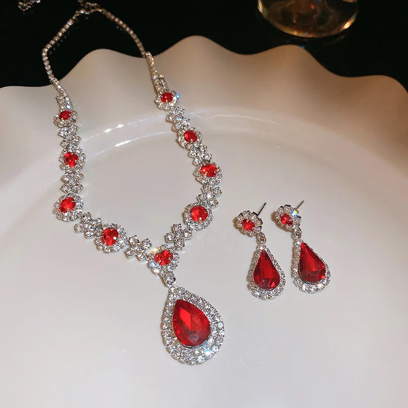 Shiny Crystal Necklace Earrings Women's Fashion Big Water Droplet Rhinestone Necklaces Wedding Evening Dress Jewelry Set