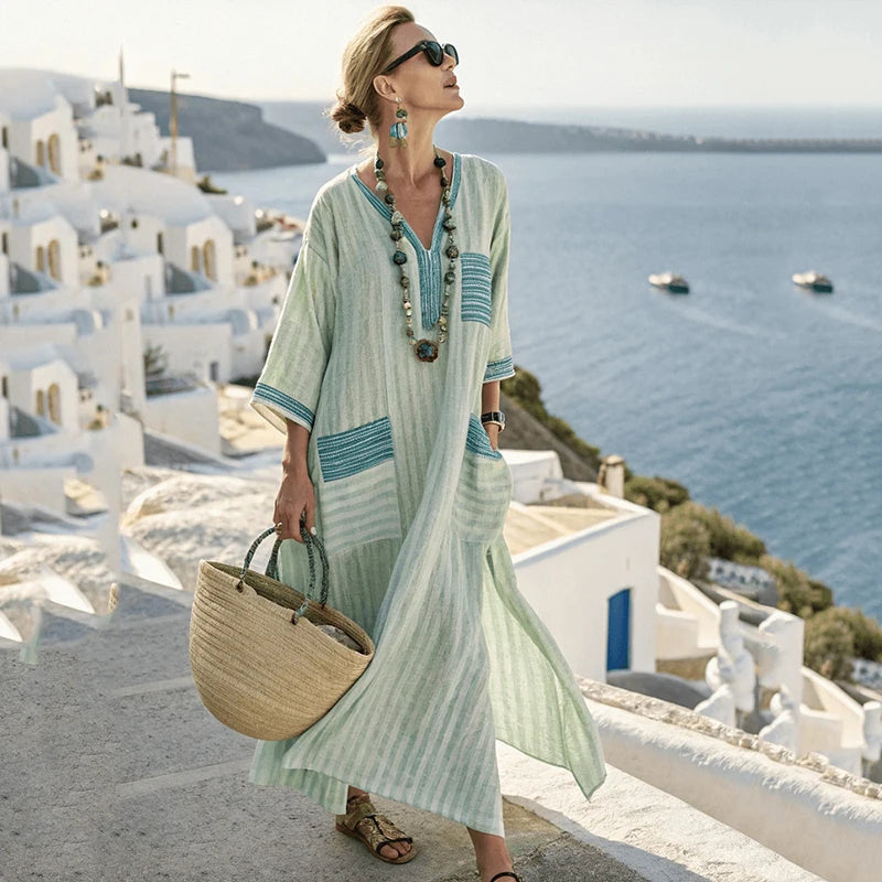 Summer Women’s Casual V-Neck Dress – Short Sleeve Geometric Print Loose Pullover with Pockets
