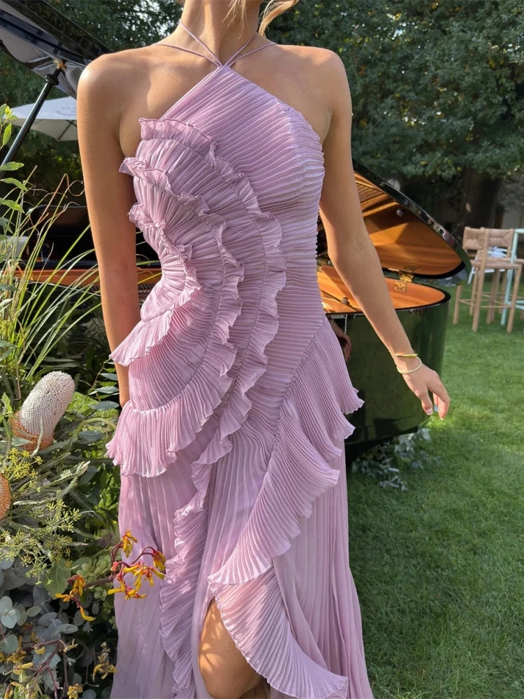Halter Neck Pleated Ruffled Long Dress Women Pink Sleeveless Backless Lace-up Folds Slim Dresses Evening Party Gowns