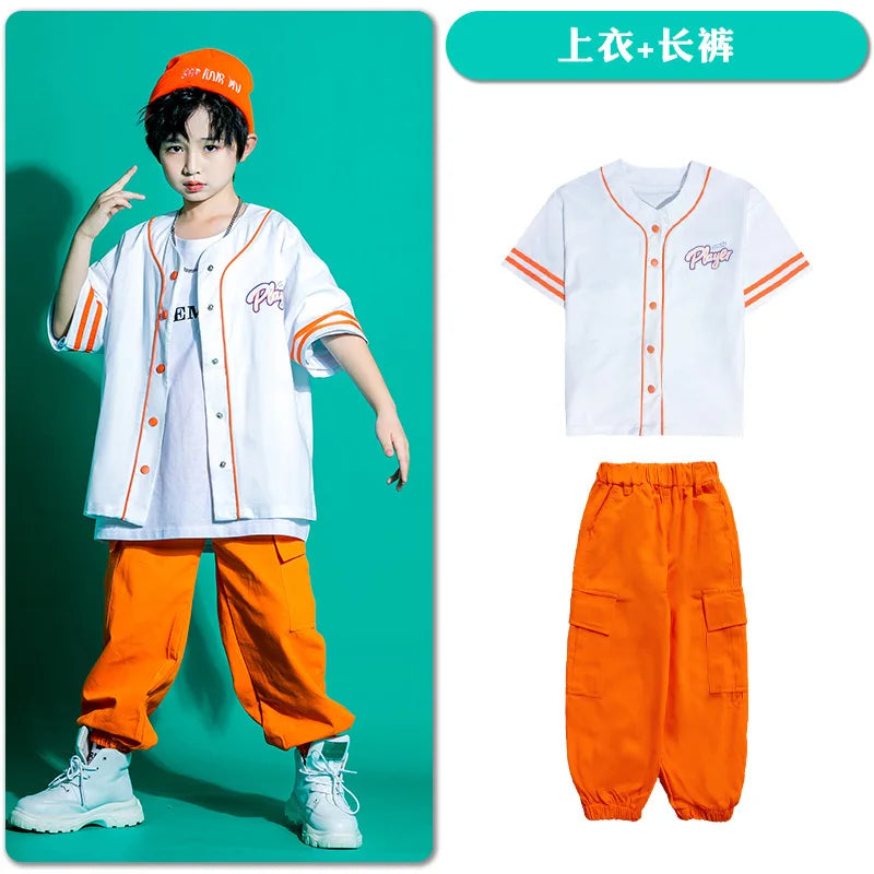 Kid Kpop Hip Hop Clothing Baseball Cardigan Shirt Top White Streetwear Cargo Jogger Pants Shorts for Girl Boy Jazz Dance Costume