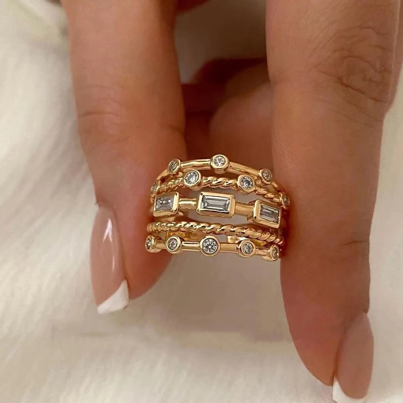 Stainless Steel 18 K Gold Plated Sun Rings for Women Natural Stone Inlaid in Hollow Metal Texture Ring Trendy Jewelry