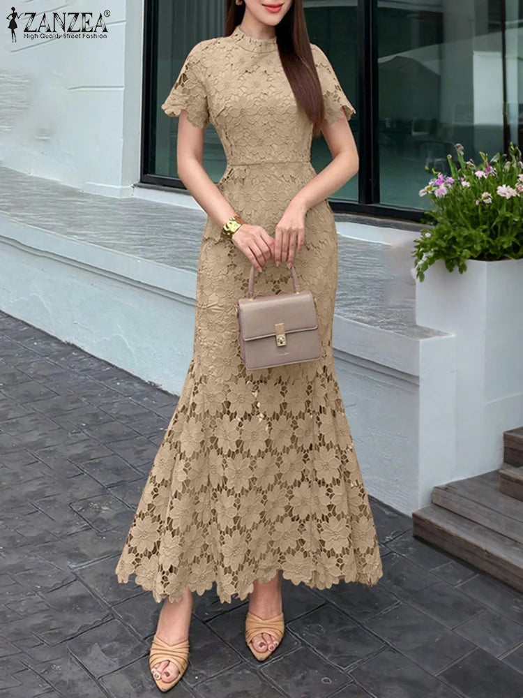 Women’s Elegant Lace Maxi Dress – Stand Collar Fishtail Sundress, Short Sleeve Casual Solid Color Summer 2025