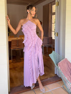 Halter Neck Pleated Ruffled Long Dress Women Pink Sleeveless Backless Lace-up Folds Slim Dresses Evening Party Gowns