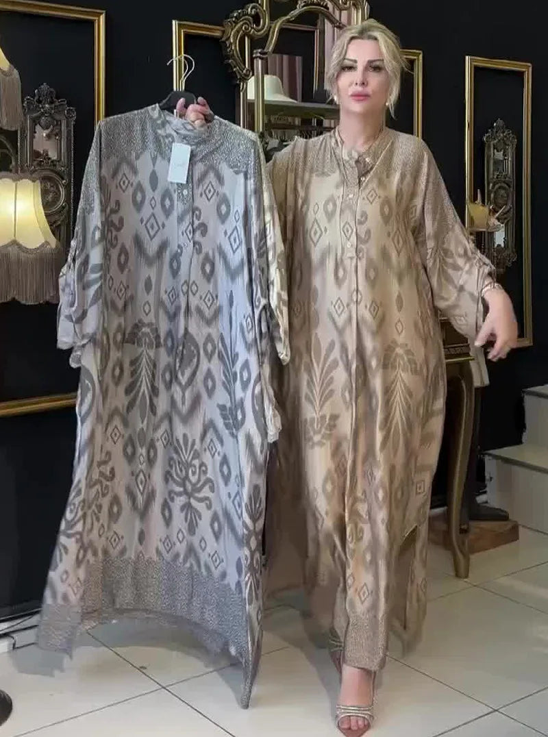 Women’s Ramadan & Eid Dress – Printed Long Abaya Kaftan, Modest Islamic Jalaiya