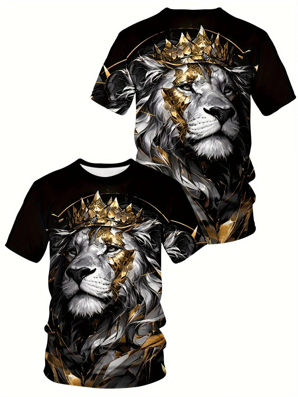 Men’s Lion Crown Graphic Tee – Breathable Polyester Blend, Casual & Elegant Plus Size Crew Neck T-Shirt