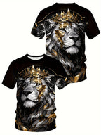 Men’s Lion Crown Graphic Tee – Breathable Polyester Blend, Casual & Elegant Plus Size Crew Neck T-Shirt