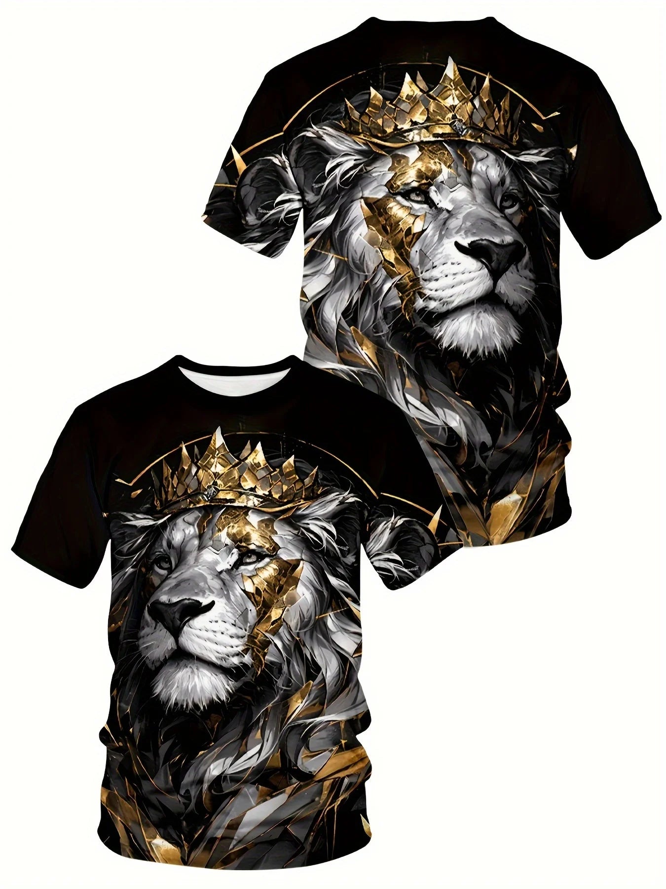 Men’s Lion Crown Graphic Tee – Breathable Polyester Blend, Casual & Elegant Plus Size Crew Neck T-Shirt
