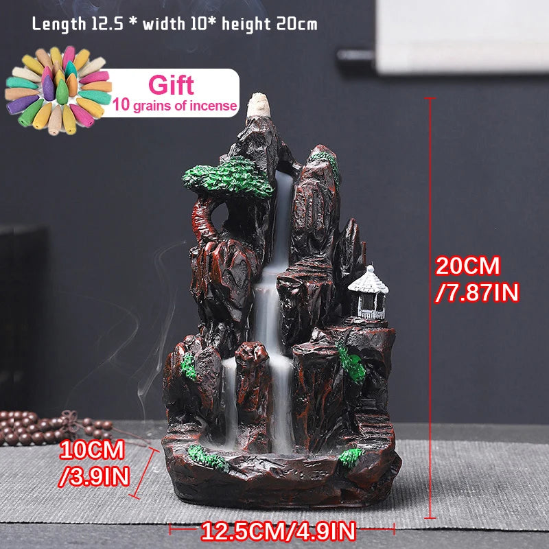 Resin Incense Burner Mountains River Waterfall Incense Burner Fountain Backflow Aroma Smoke Censer Holder Office Home Decoration