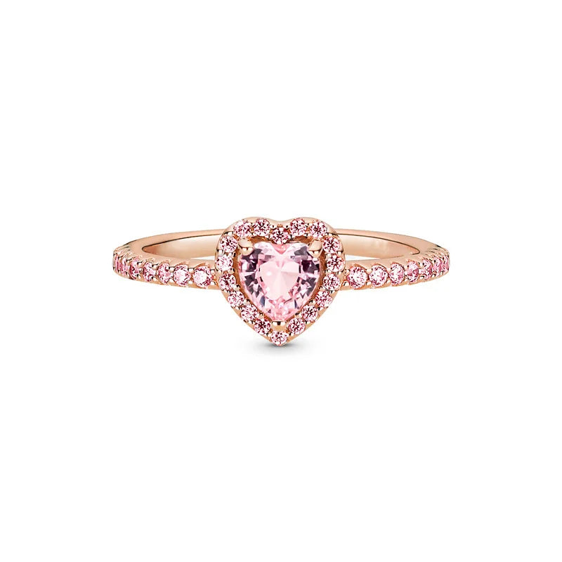 Fashion 925 Sterling Silver Pink Heart Rose Flower Ring Ladies Fine Wedding Valentine's Day Gift Jewelry
