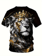 Men’s Lion Crown Graphic Tee – Breathable Polyester Blend, Casual & Elegant Plus Size Crew Neck T-Shirt