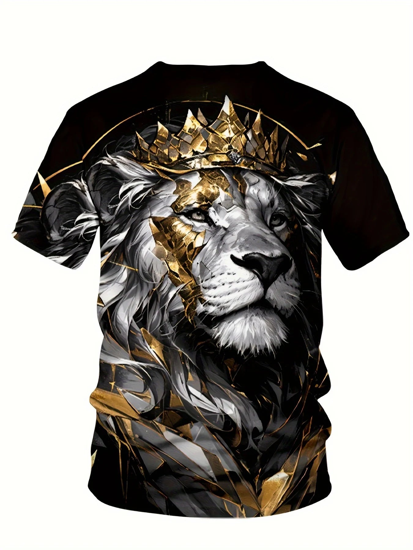 Men’s Lion Crown Graphic Tee – Breathable Polyester Blend, Casual & Elegant Plus Size Crew Neck T-Shirt