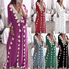 Women’s Arabic Islamic Kaftan – Half Sleeve V-Neck Maxi Dress with Tassel Trim, Casual Loose Fit