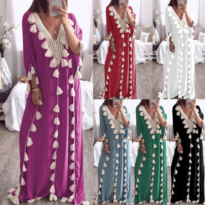 Women’s Arabic Islamic Kaftan – Half Sleeve V-Neck Maxi Dress with Tassel Trim, Casual Loose Fit