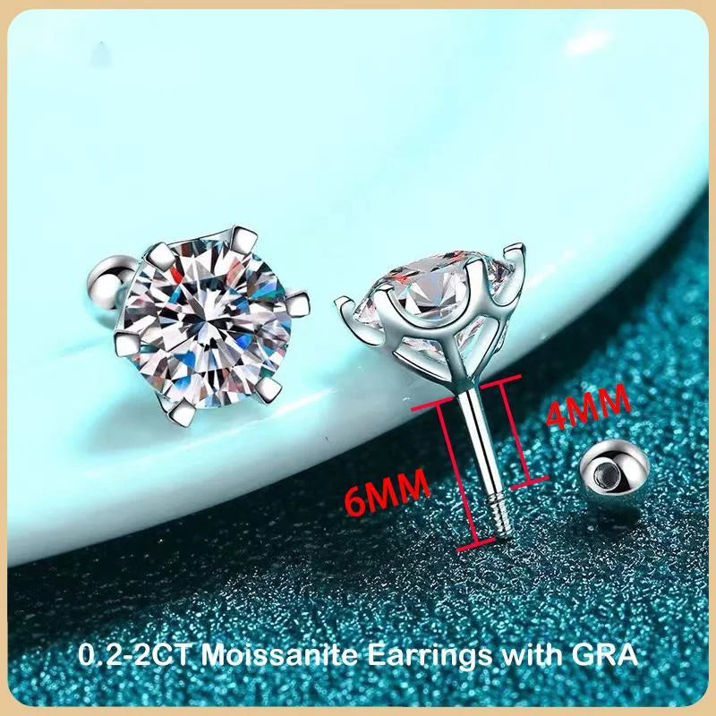 Women's Moissanite Screw Stud Earrings D Color 925 Sterling Silver 6 Prong Diamond Wedding Fine Jewelry