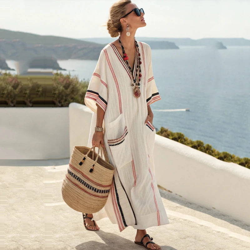 Summer Women’s Casual V-Neck Dress – Short Sleeve Geometric Print Loose Pullover with Pockets