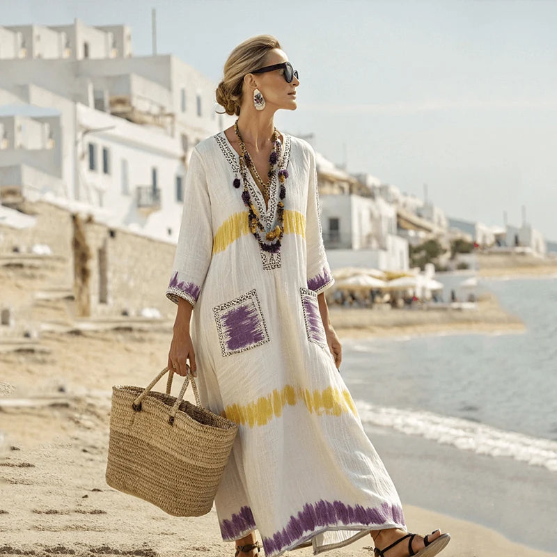 Summer Women’s Casual V-Neck Dress – Short Sleeve Geometric Print Loose Pullover with Pockets