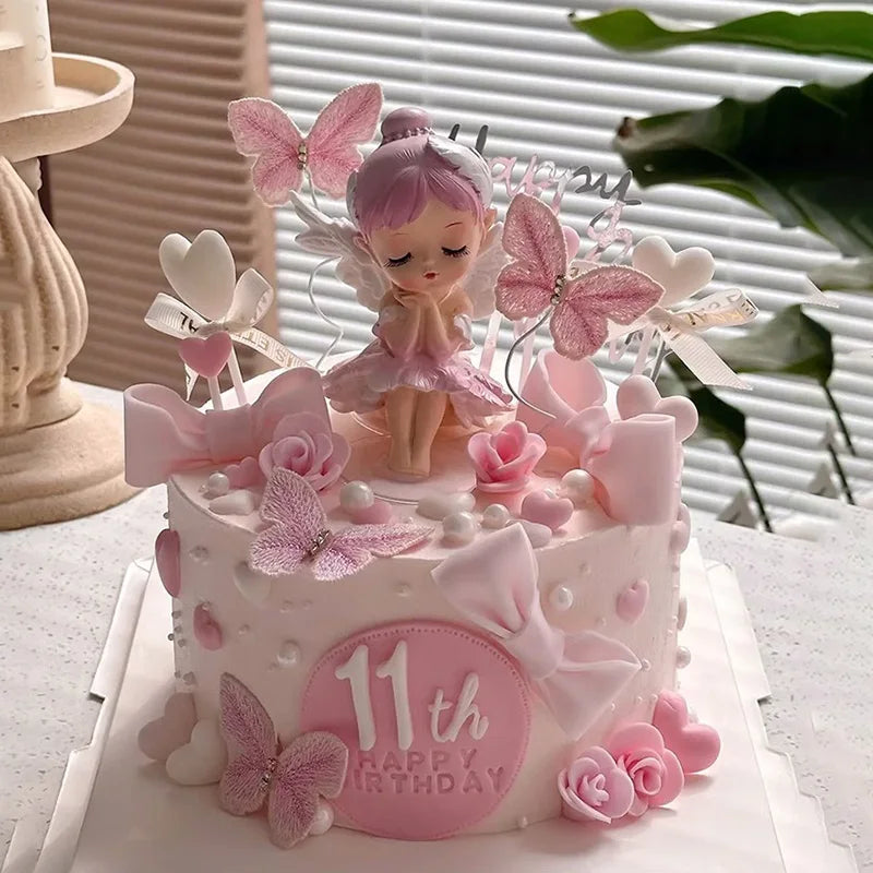Princess Cake Toppers Ballet Dance Girl Happy Birthday Party Decoration Angel Wing for One Year Old Baby Shower Party Cake Decor
