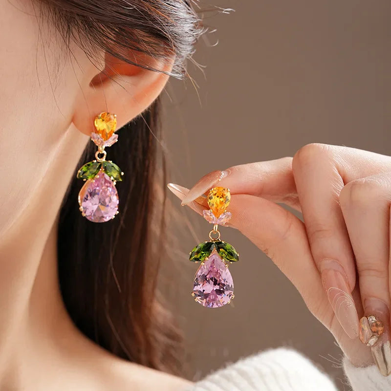 Color Zircon Water Drop Leaf Necklace European and American High Fashion Evening Dress Jewelry Set for Women Wedding