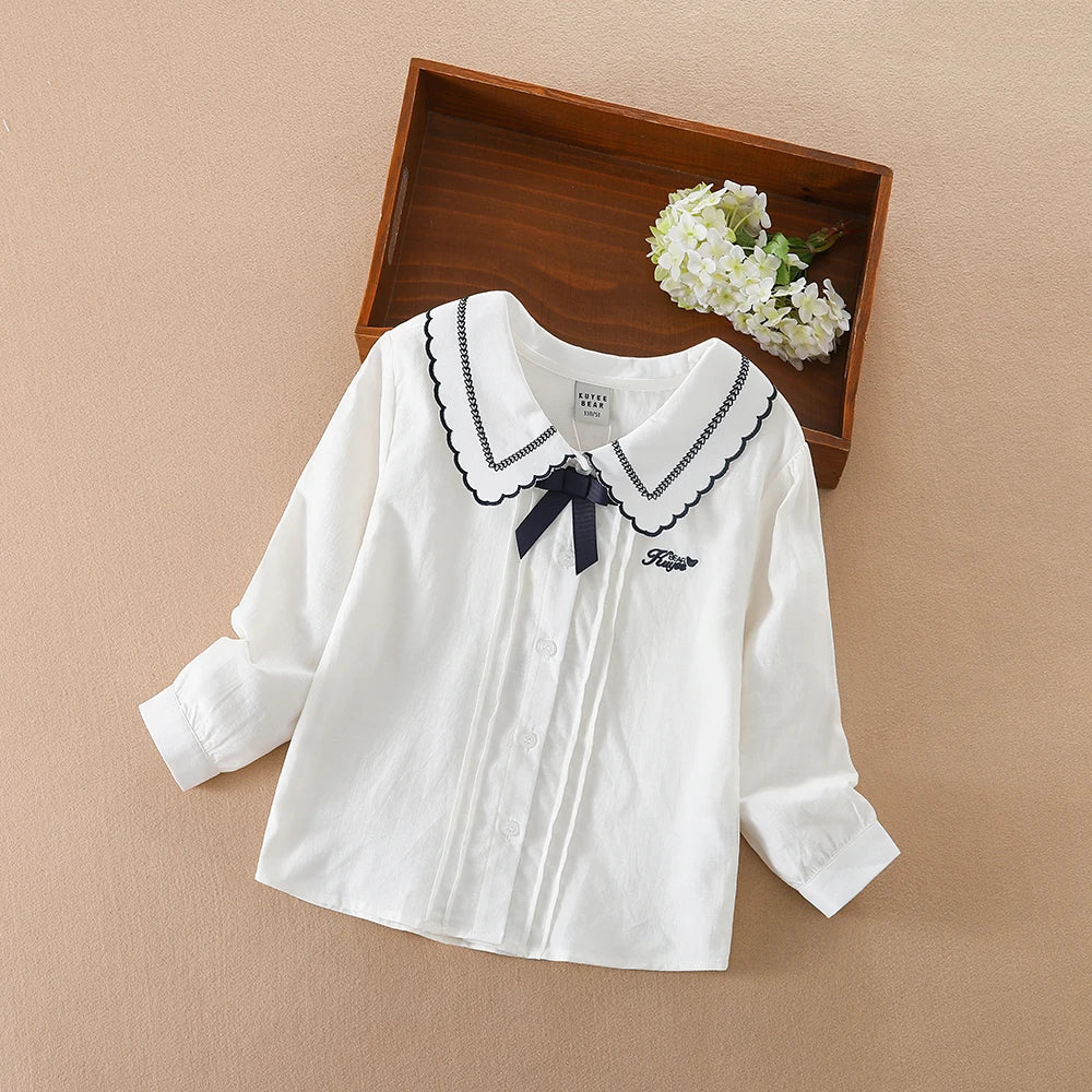 Girls White Cotton Shirt – Long Sleeve Bow Tie Blouse, Cute Korean Fashion Kids Top for Spring & Autumn