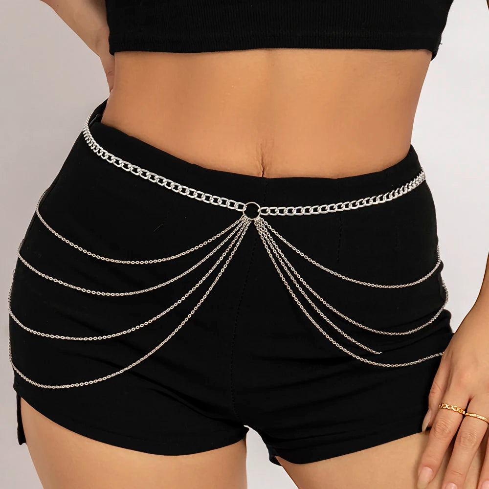 IngeSight.Z Punk Multi-layer Tassel Hip High Waist Chain For Women Gold Color Metal Chain Waistband Party Dress Belts Accessorie