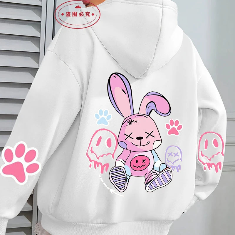 Girl’s Oversized Bunny Print Hoodie – Casual Loose Fit Fleece Sweatshirt for Autumn & Winter