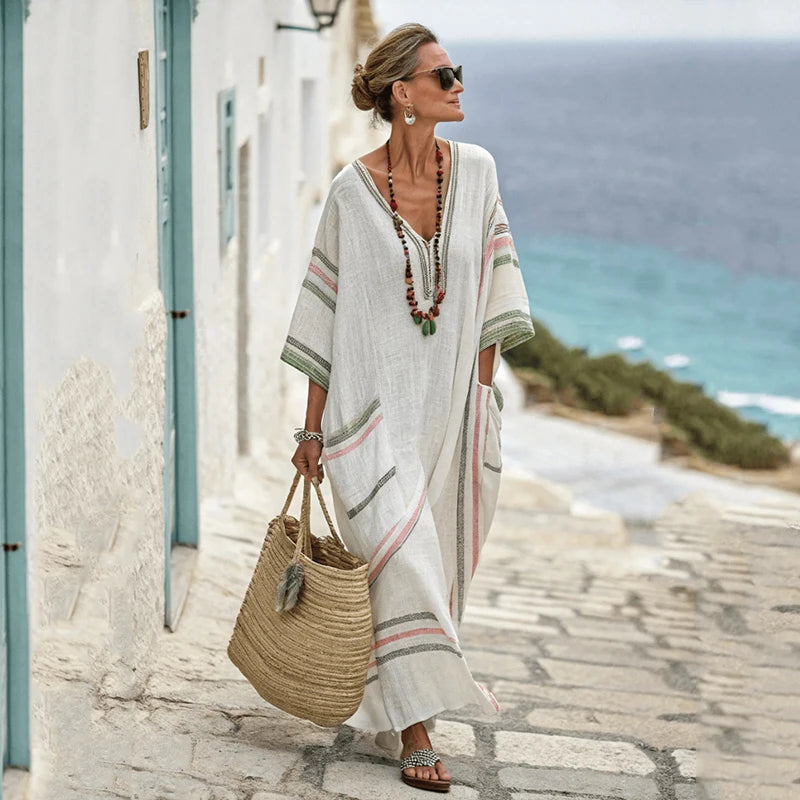 Summer Women’s Casual V-Neck Dress – Short Sleeve Geometric Print Loose Pullover with Pockets